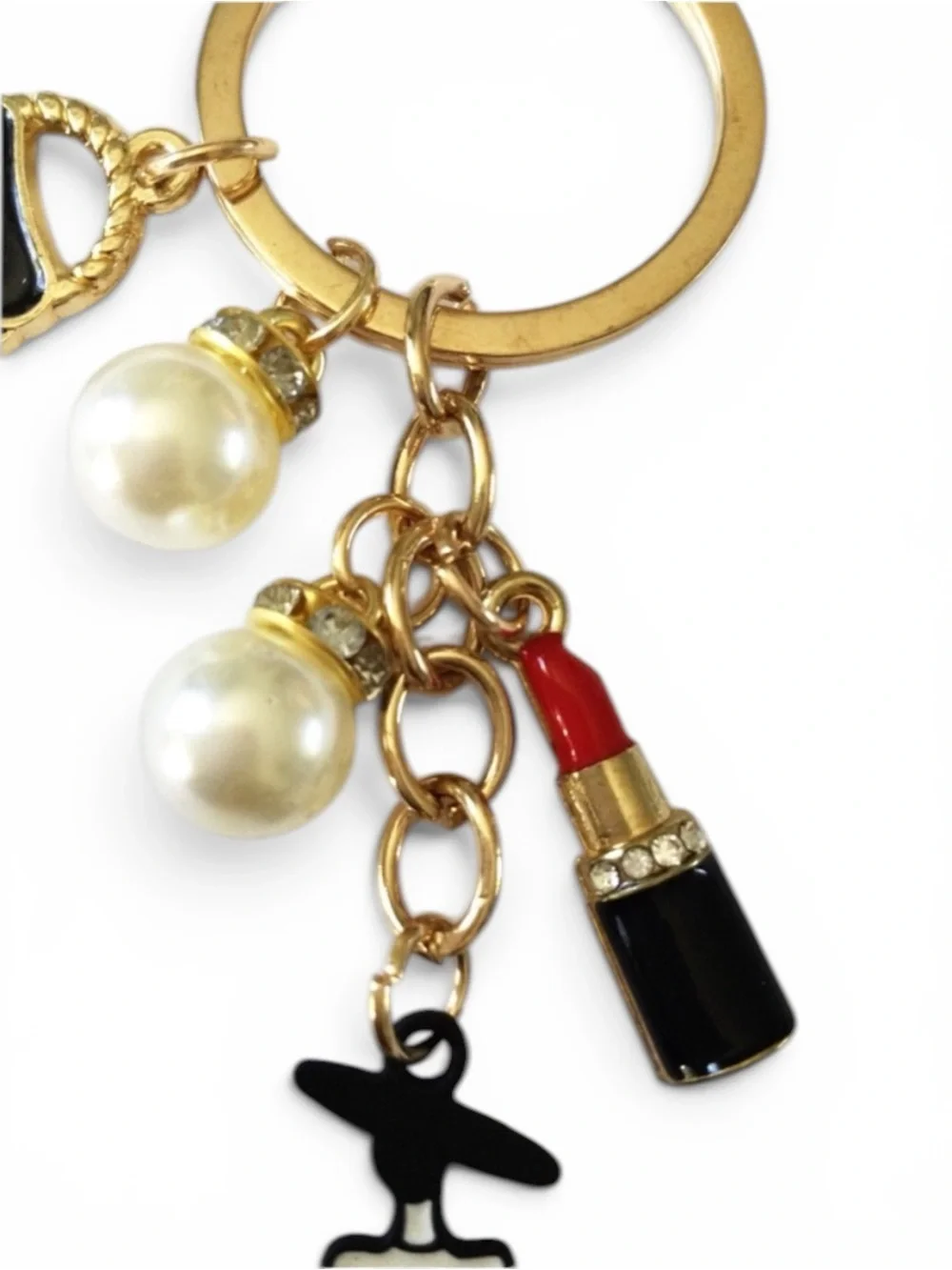 Fashion‑Girl Enamel Bag Charm / Keychain – Chic Black, Gold & Pearl Details